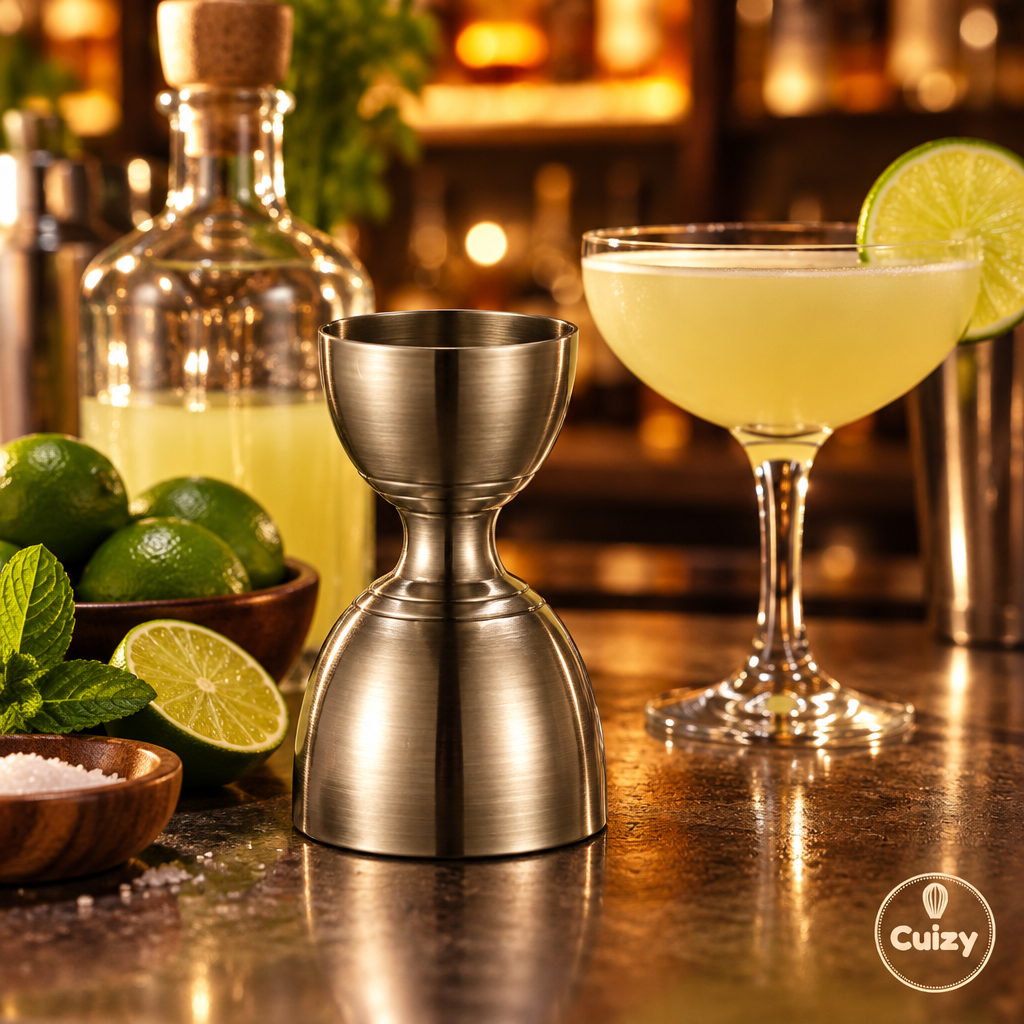 Jigger près d'ingrédients de cocktail et de citrons verts