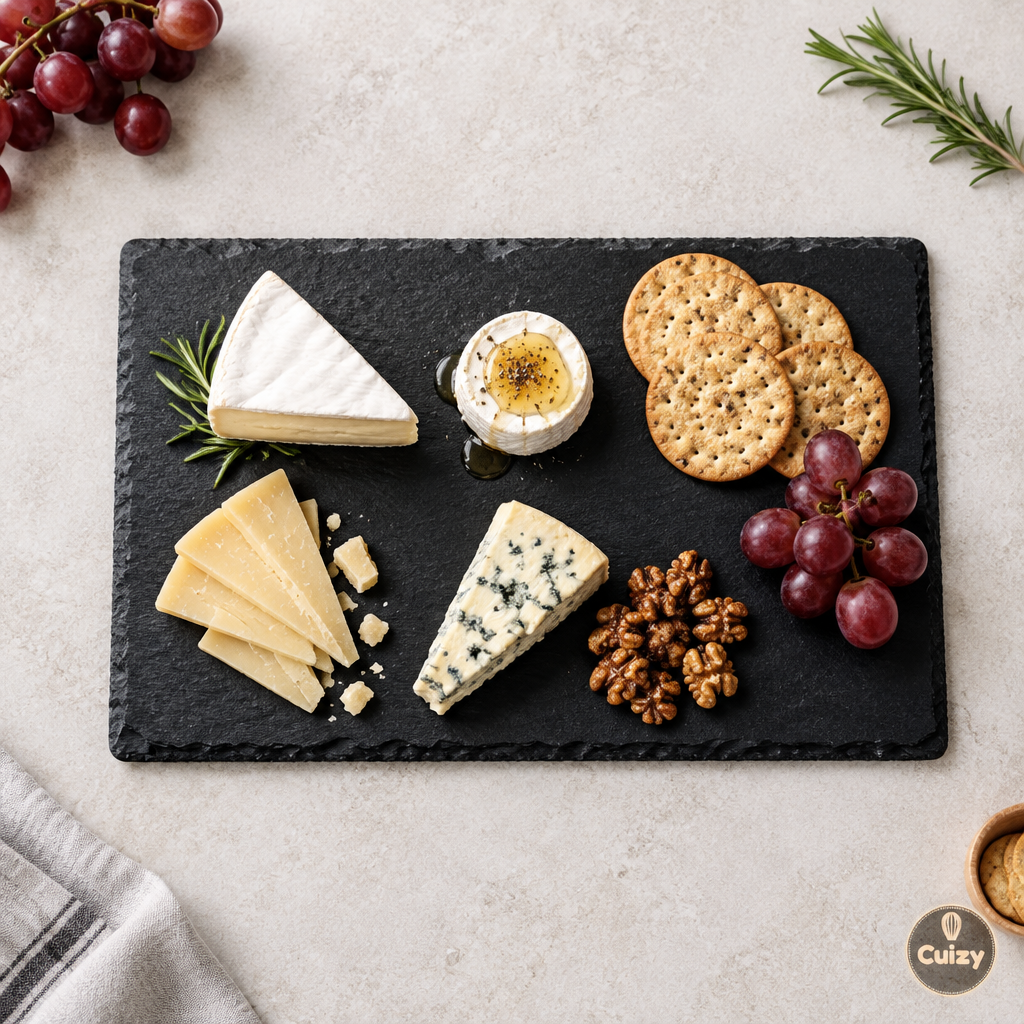 Vue du dessus de l'assiette avec fromages et raisins