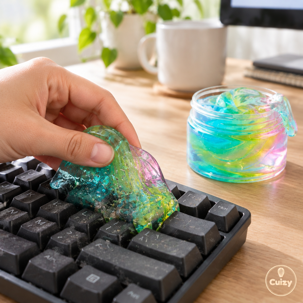 Gel nettoyant Cuizy Grip qui ramasse la poussière d'un clavier