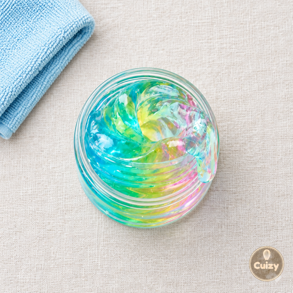 Vue du dessus du gel nettoyant Cuizy Grip avec un chiffon microfibre
