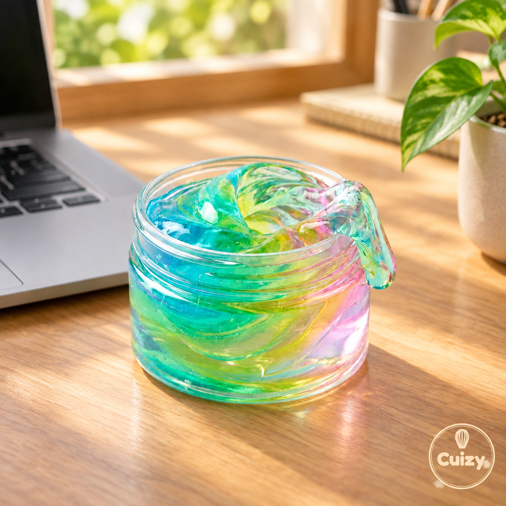 Pot de gel nettoyant Cuizy Grip posé sur un bureau près d'un ordinateur