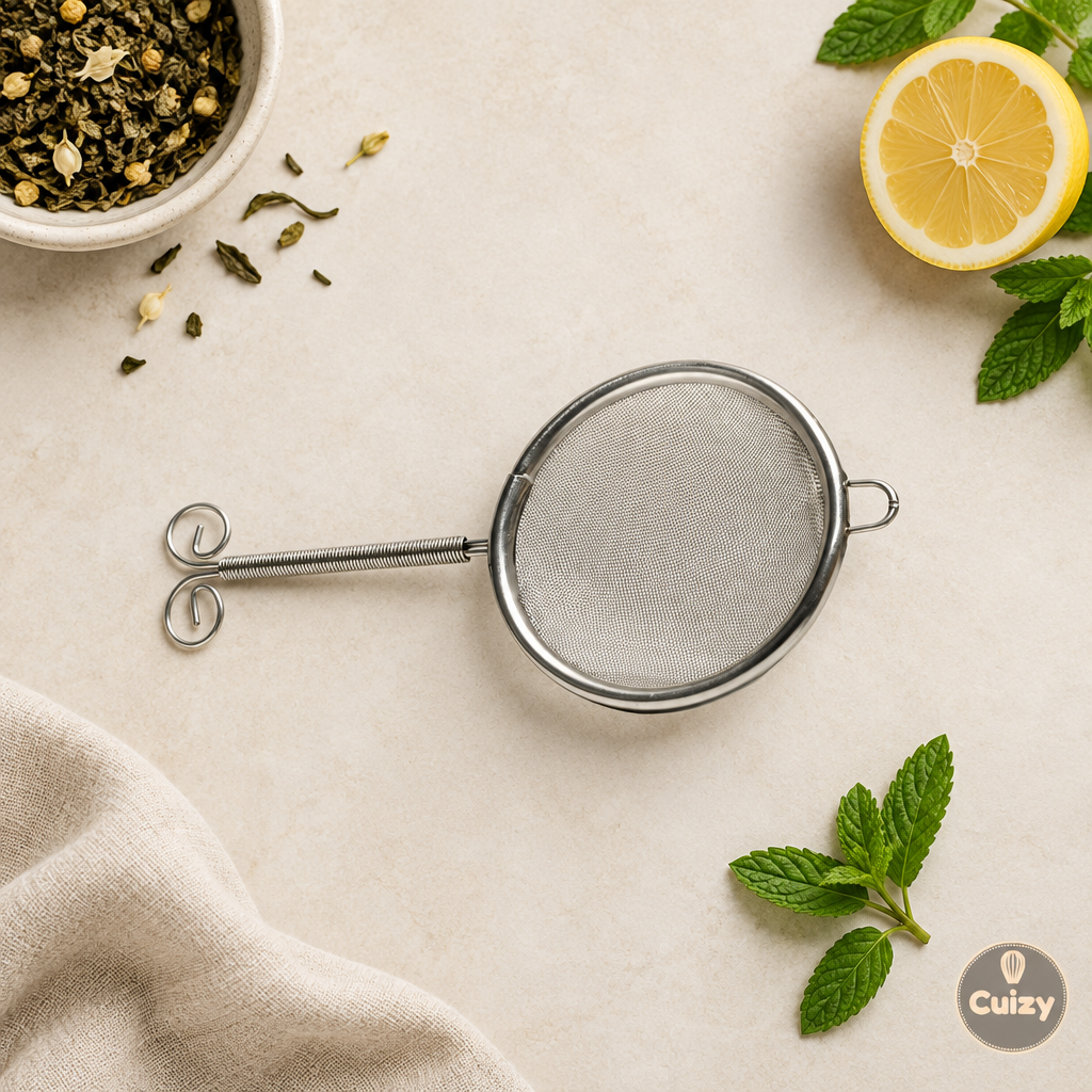 Vue du dessus de la passoire inox à maille fine