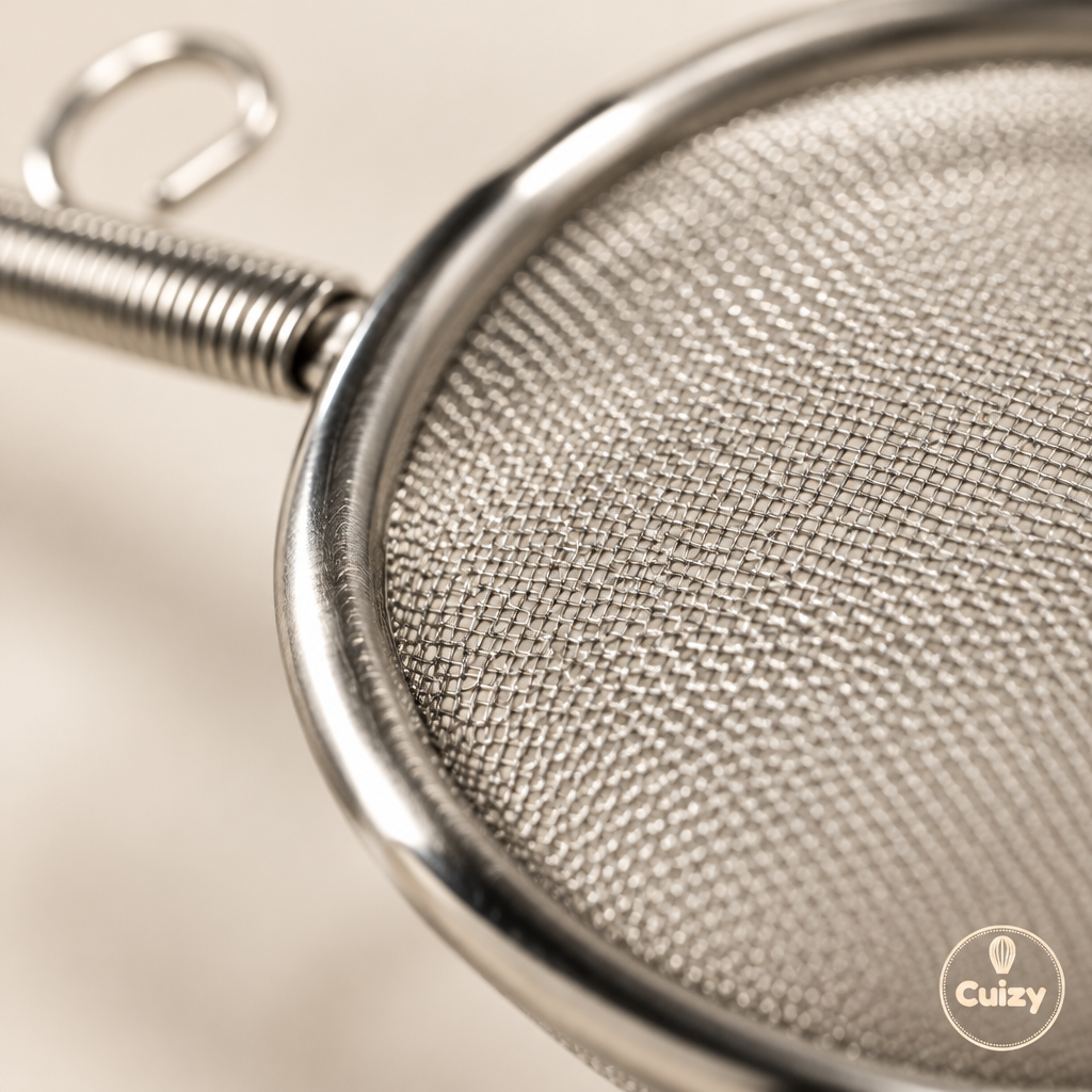 Gros plan sur la maille fine en inox de la passoire