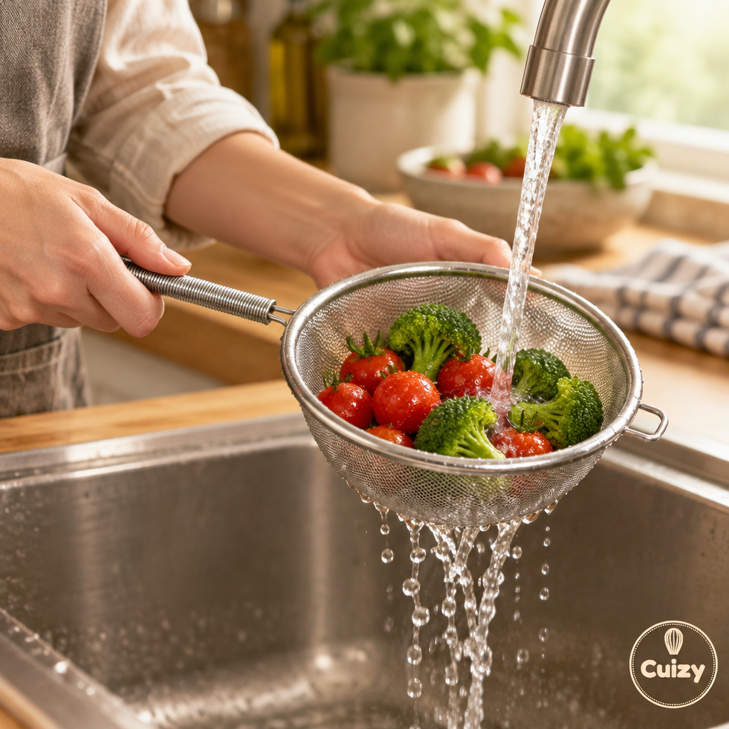 Passoire inox à maille fine utilisée pour rincer des légumes