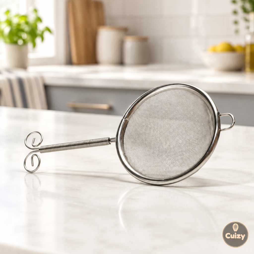 Passoire inox à maille fine Cuizy Sieve sur plan de travail de cuisine