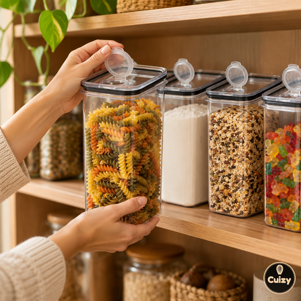 Boîtes hermétiques remplies de pâtes et céréales dans un garde-manger