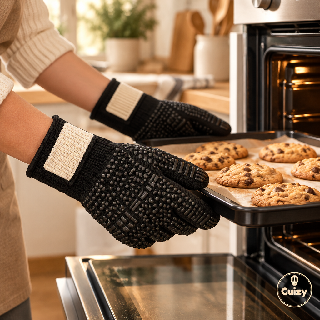 Gants anti-chaleur portés pour sortir une plaque du four