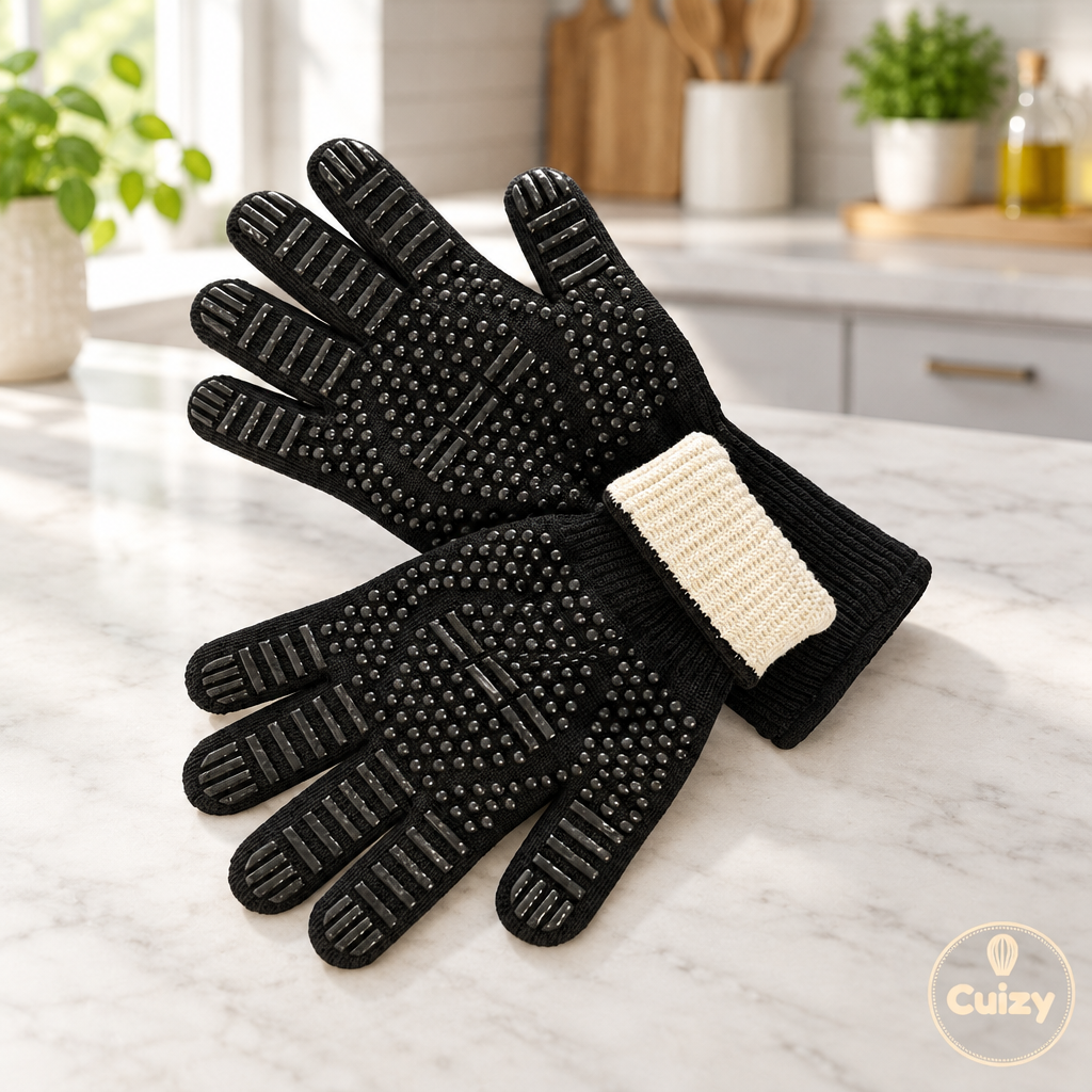 Gants anti-chaleur en silicone Cuizy Mitt sur plan de travail