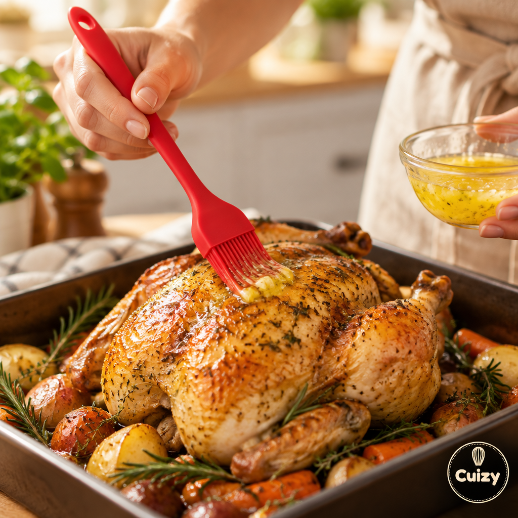 Pinceau silicone utilisé pour badigeonner un poulet rôti