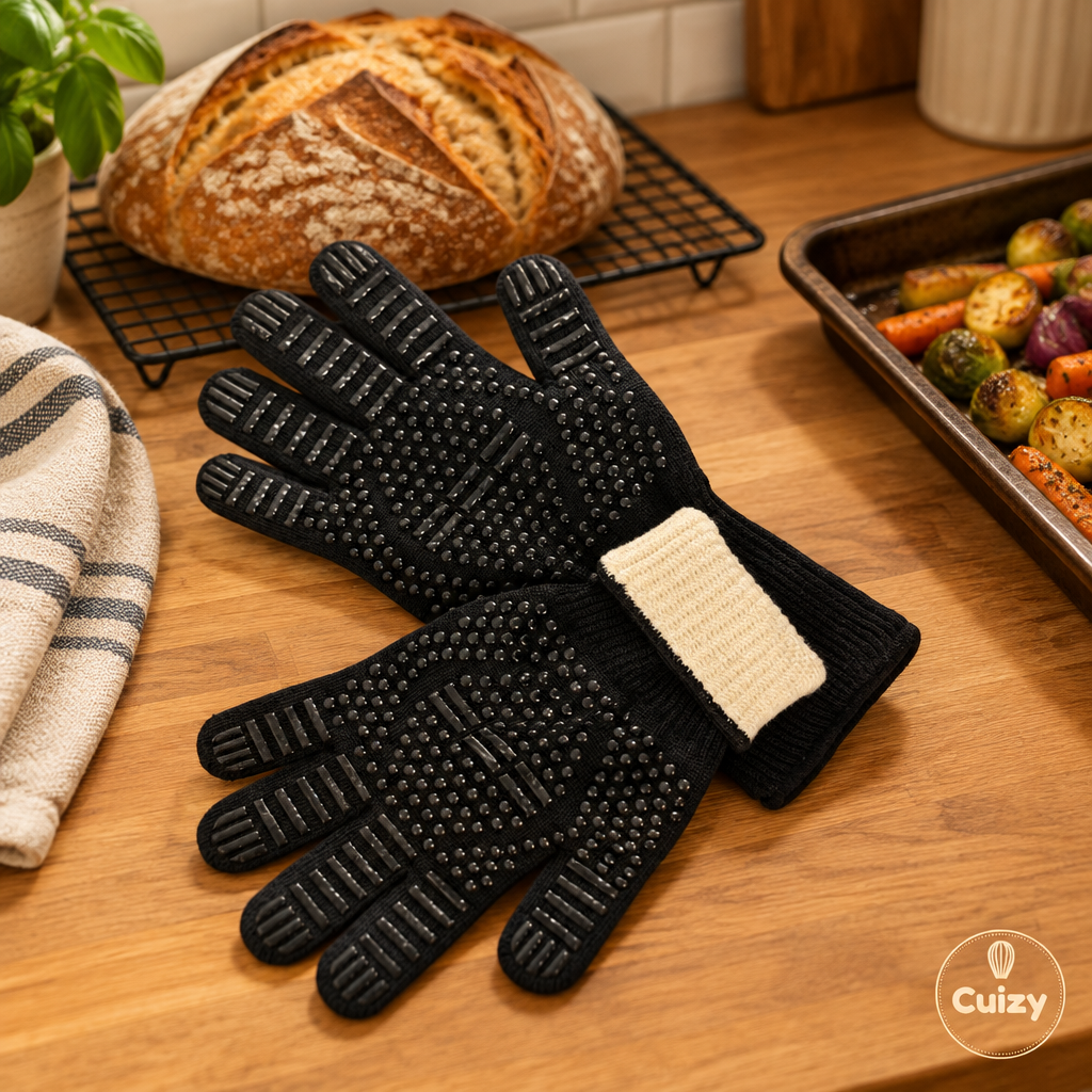 Gants anti-chaleur à côté d'un pain frais et d'une plaque de cuisson