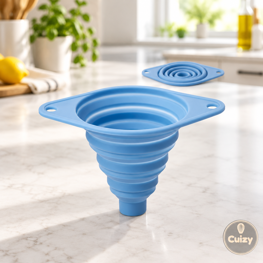 Entonnoir pliable en silicone Cuizy Funnel sur plan de travail