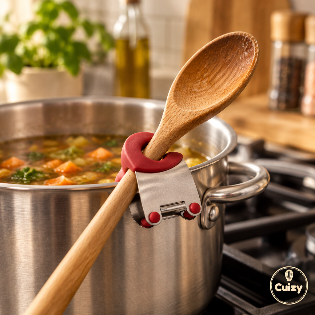Clip porte-cuillère fixé au bord d'une casserole avec une cuillère en bois