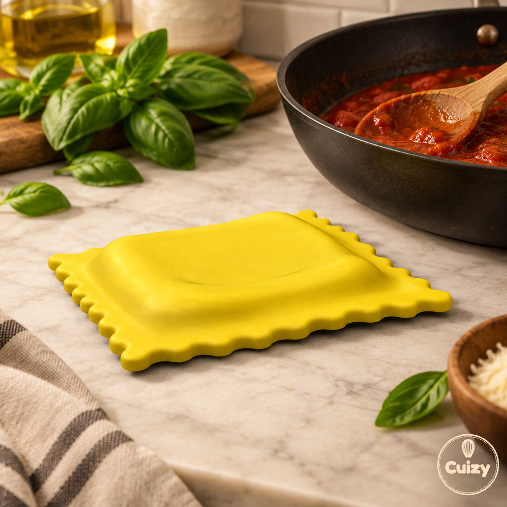 Repose-cuillère ravioli à côté d'une poêle de sauce tomate et de basilic