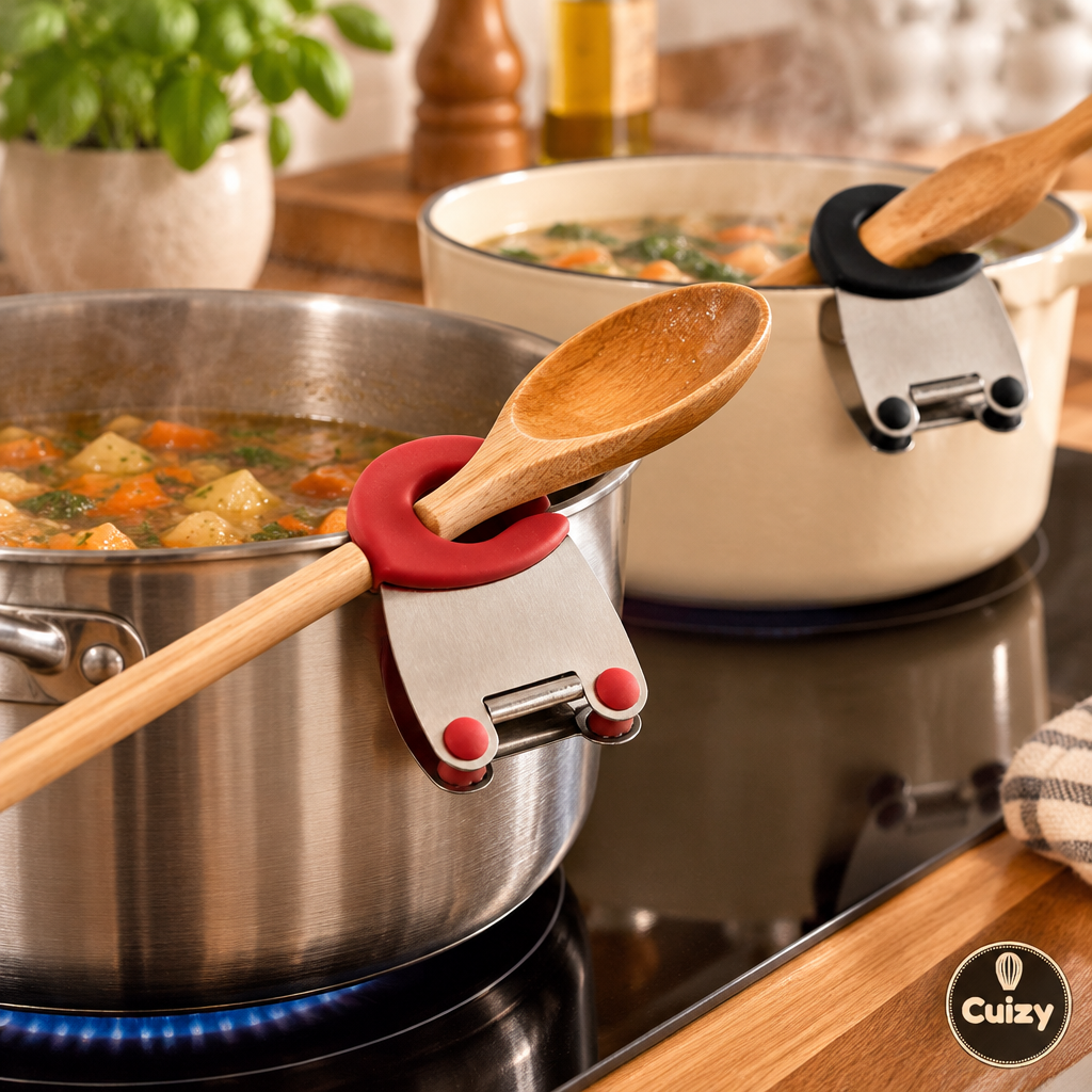 Clip porte-cuillère près de casseroles qui mijotent