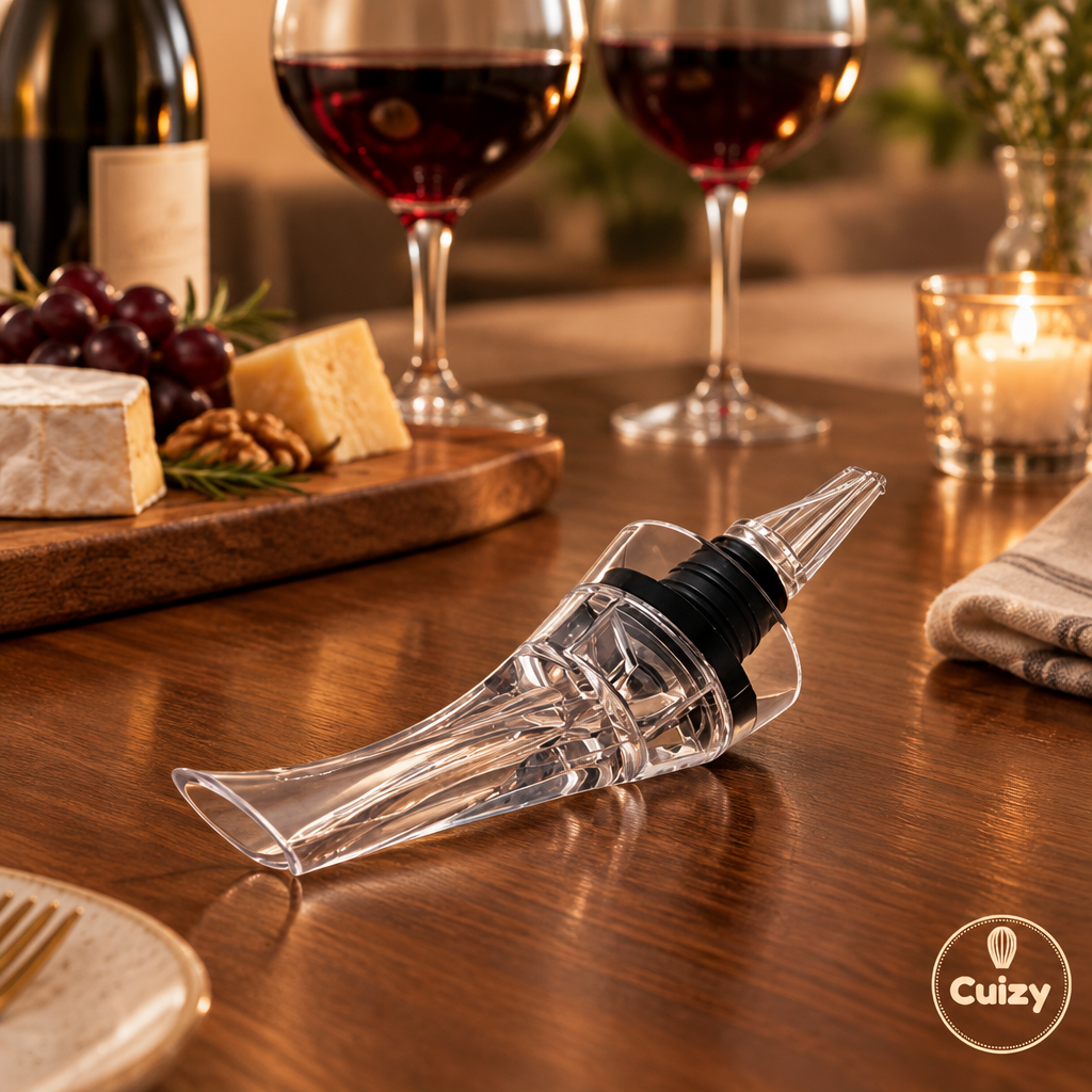 Verseur aérateur sur une table dressée avec verres et planche de fromages