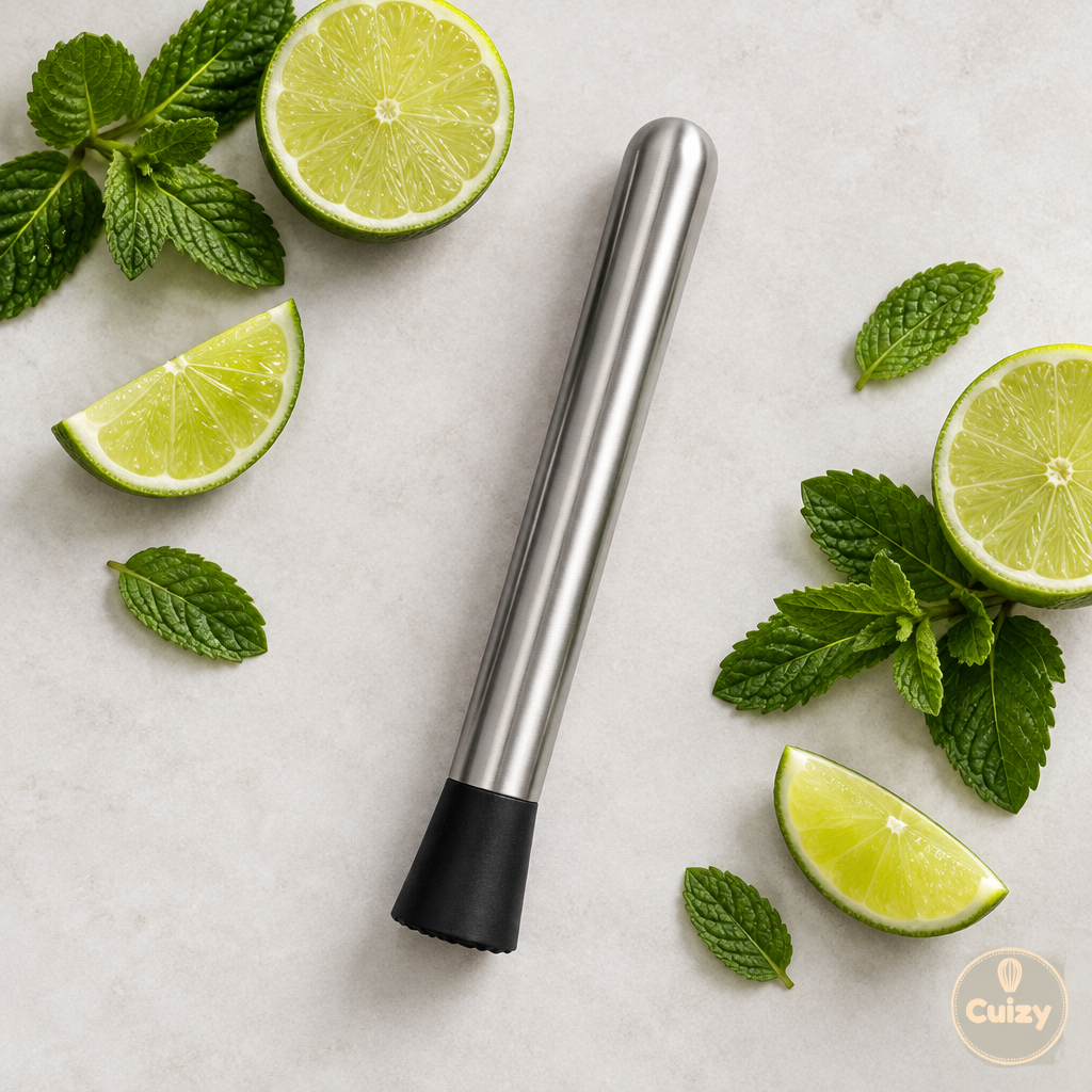 Vue du dessus du pilon à cocktail avec citron vert et menthe
