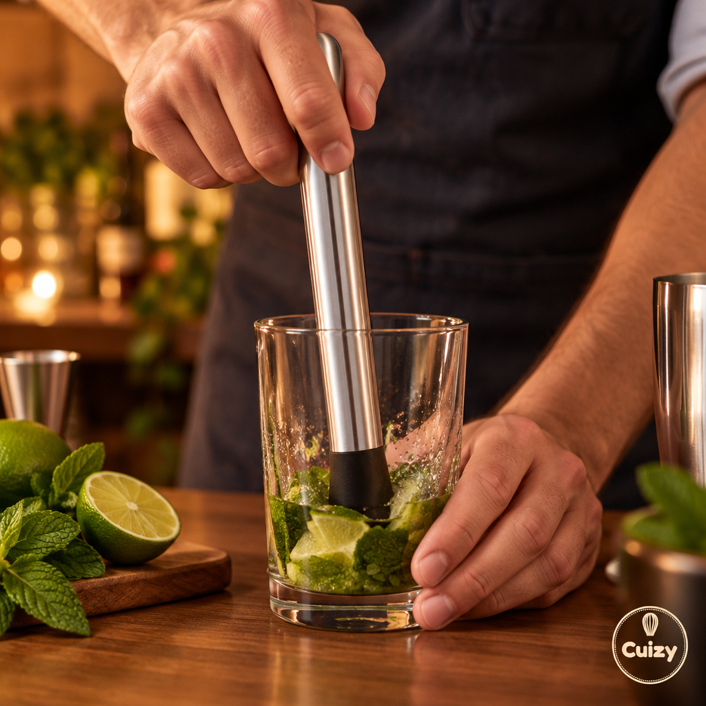 Pilon utilisé pour écraser menthe et citron vert dans un verre