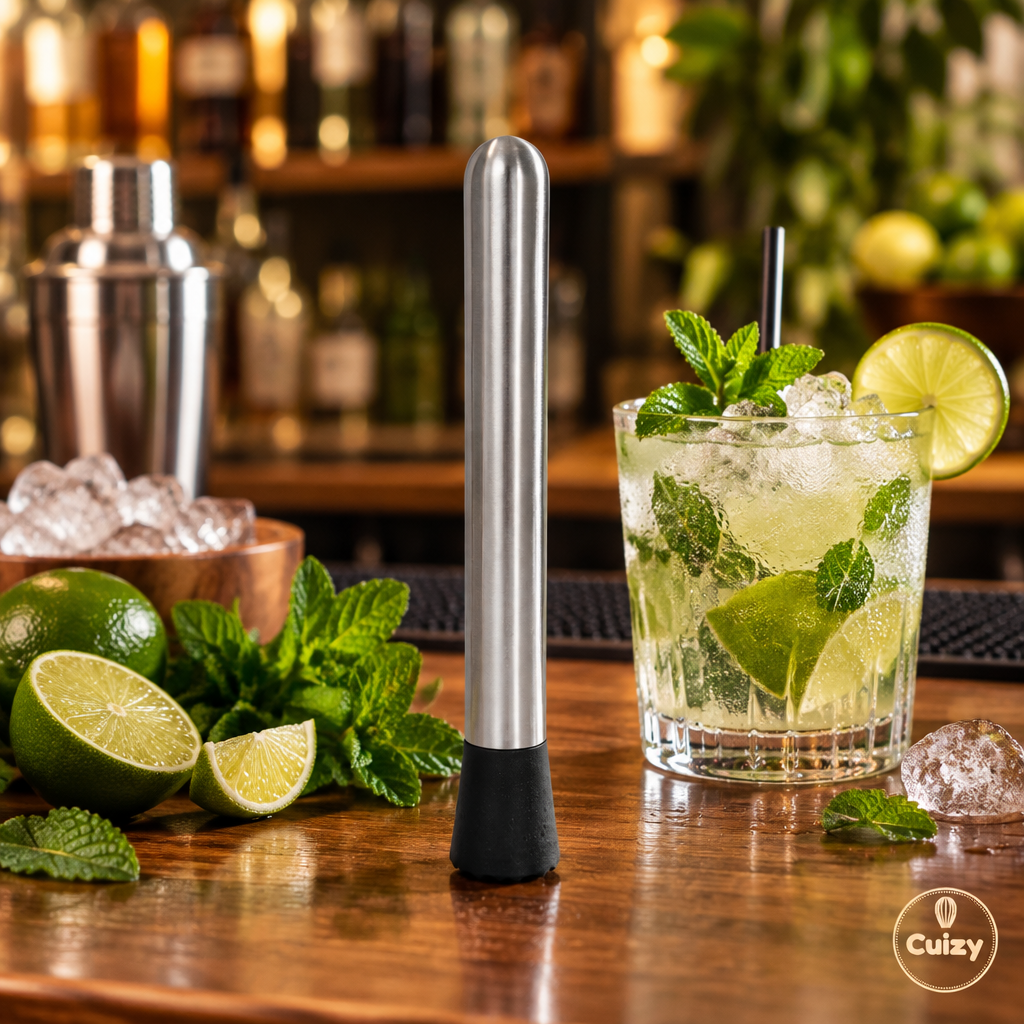 Pilon à cocktail sur un comptoir de bar avec menthe, citrons et glace