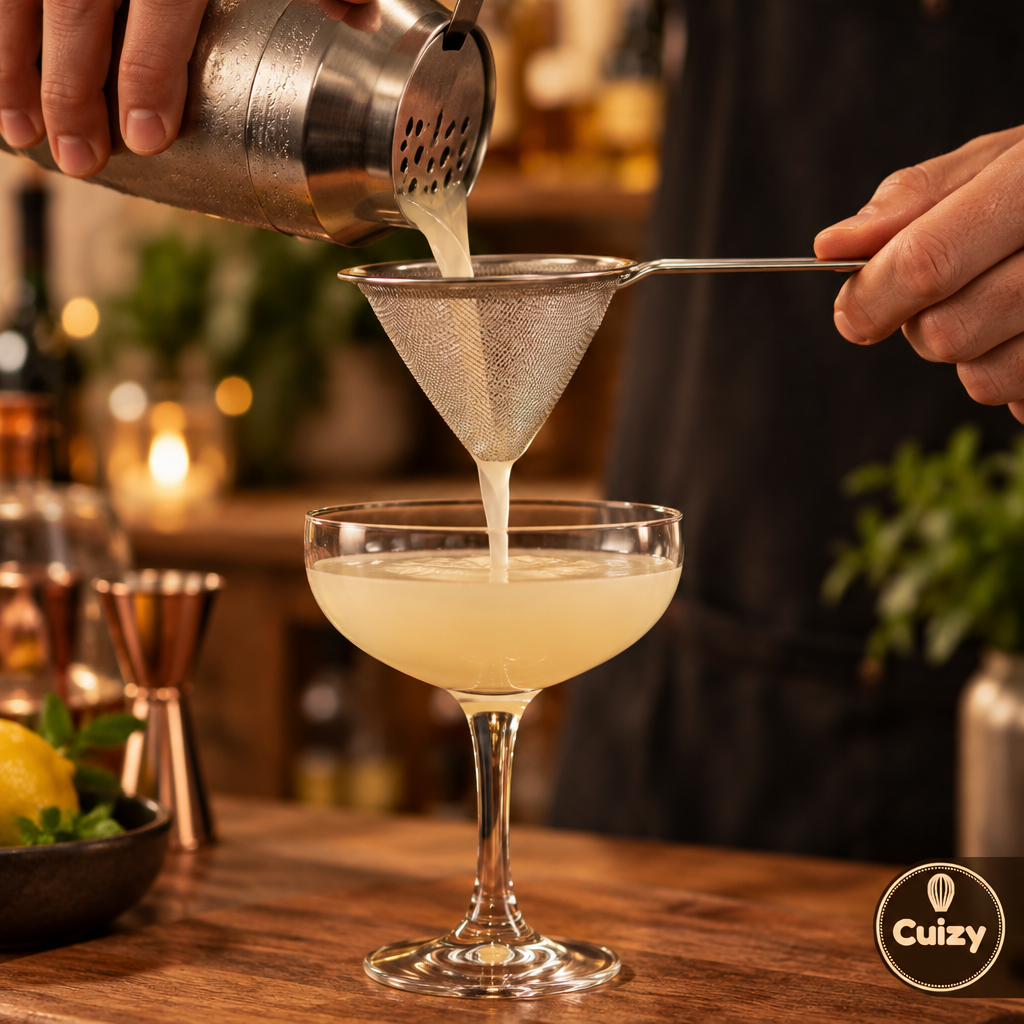 Passoire conique utilisée pour filtrer un cocktail dans une coupe