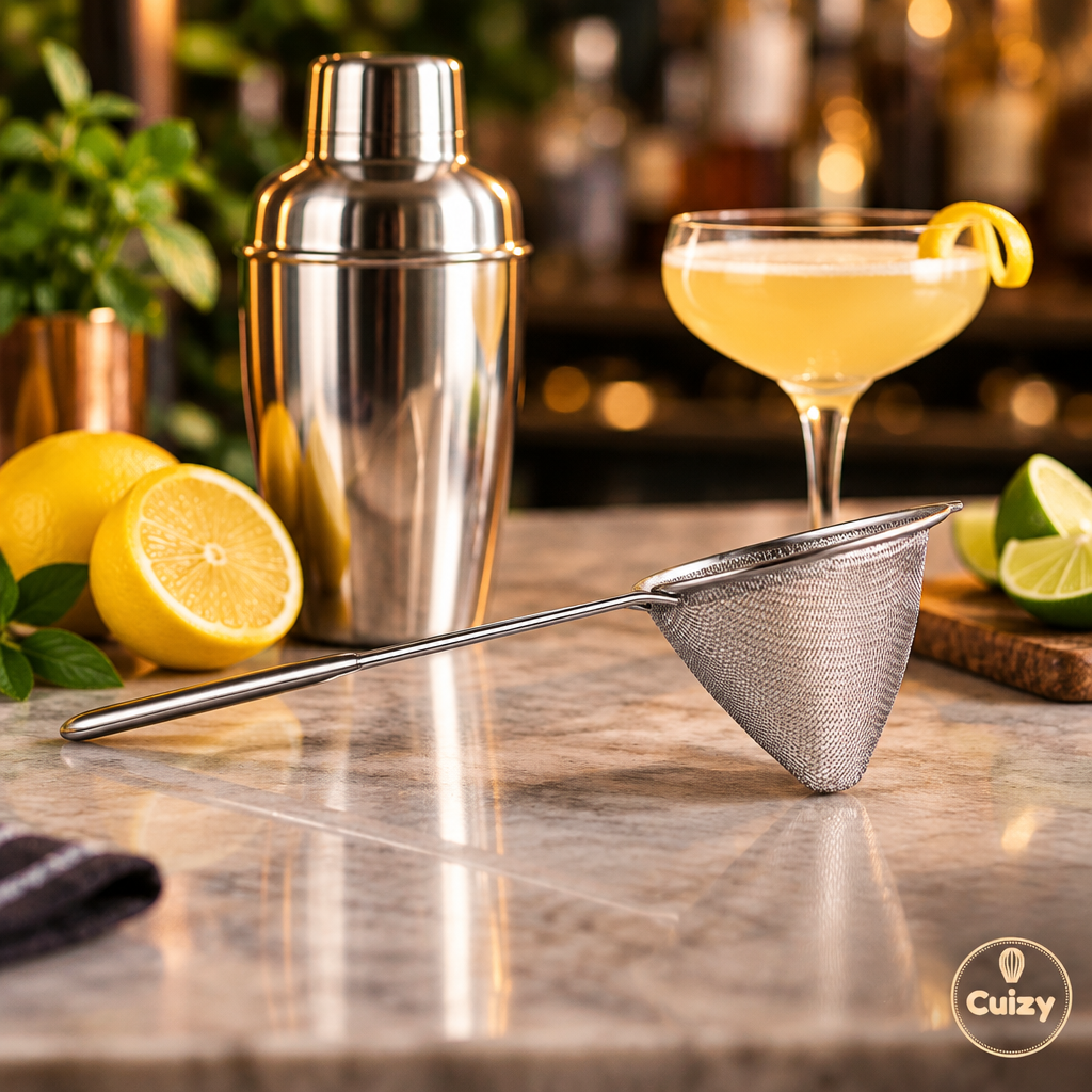 Passoire à cocktail sur un comptoir de bar avec shaker et agrumes