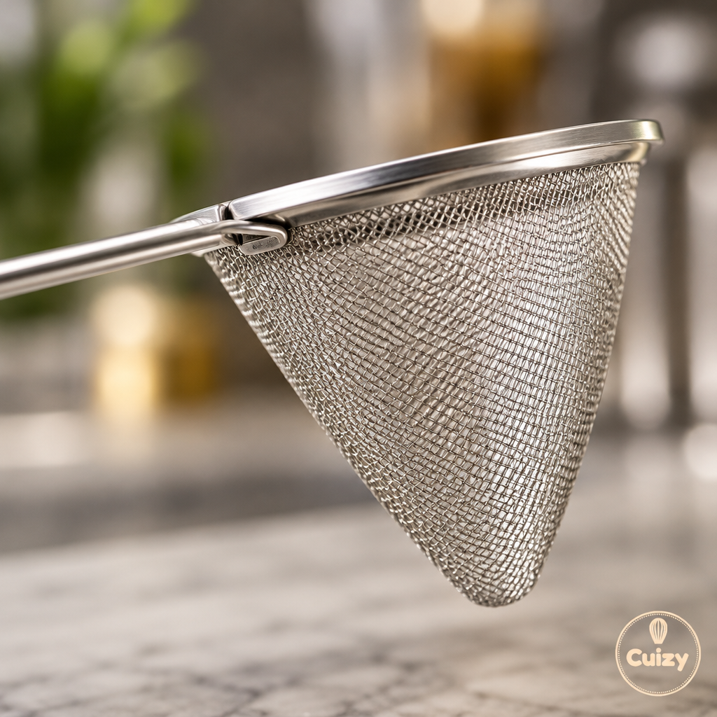 Gros plan sur la maille fine de la passoire à cocktail