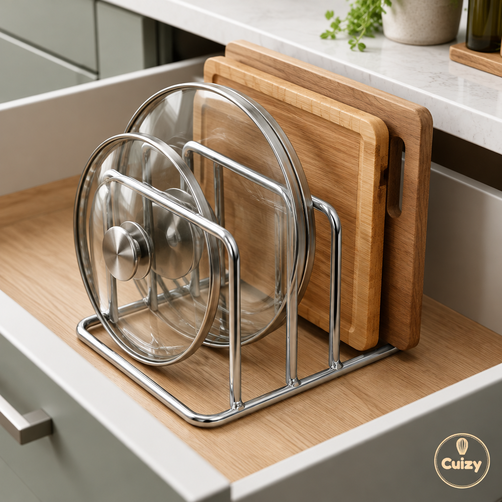 Support à couvercles dans une cuisine rangée avec planches en bois