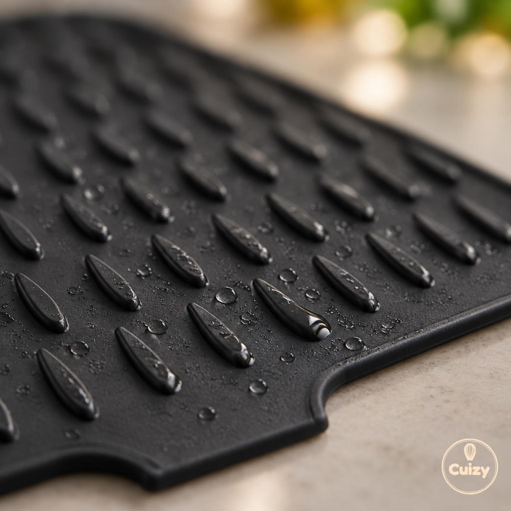 Gros plan sur la texture nervurée du tapis égouttoir