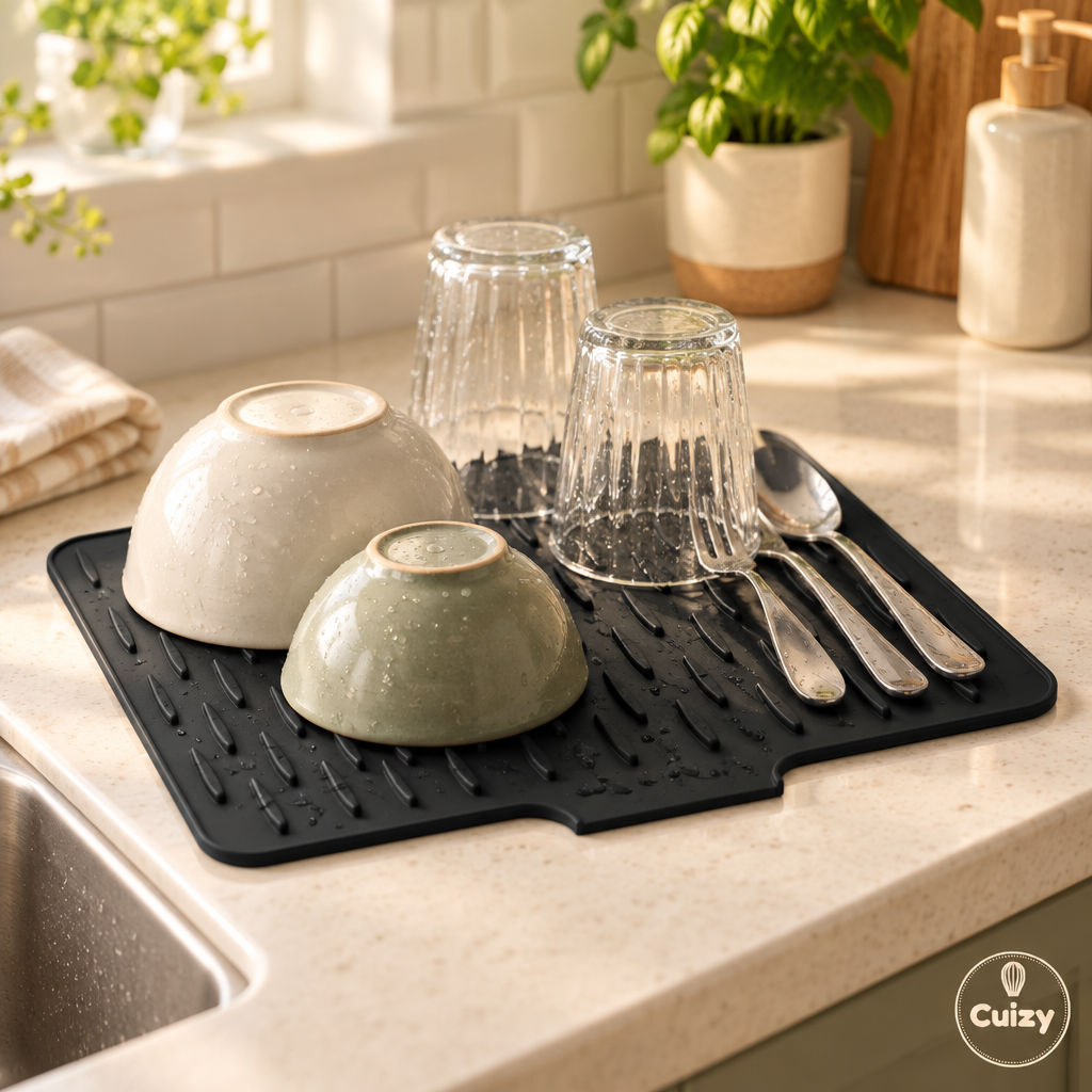 Tapis égouttoir avec bols, verres et couverts qui sèchent