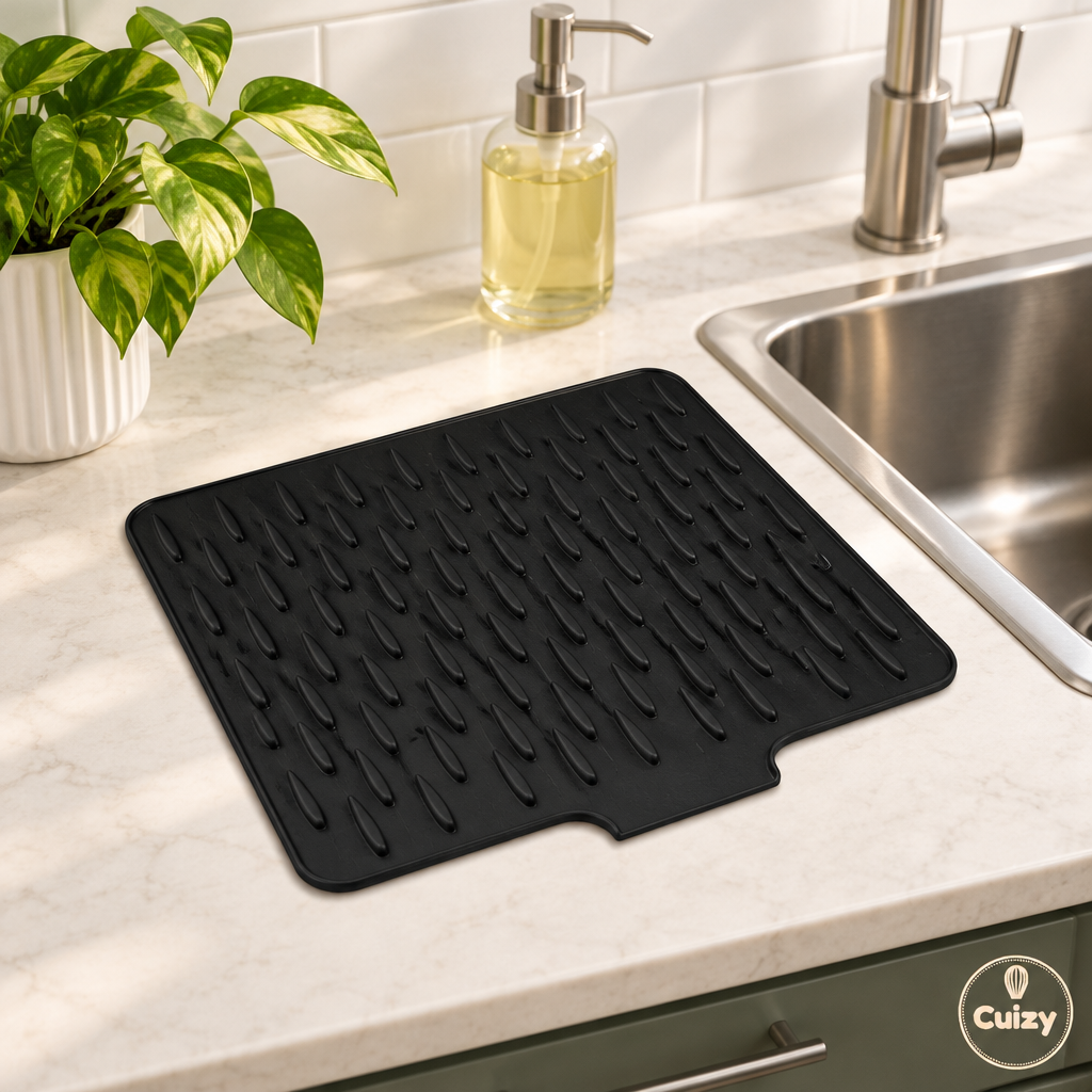 Tapis égouttoir à côté d'un évier avec flacon de liquide vaisselle