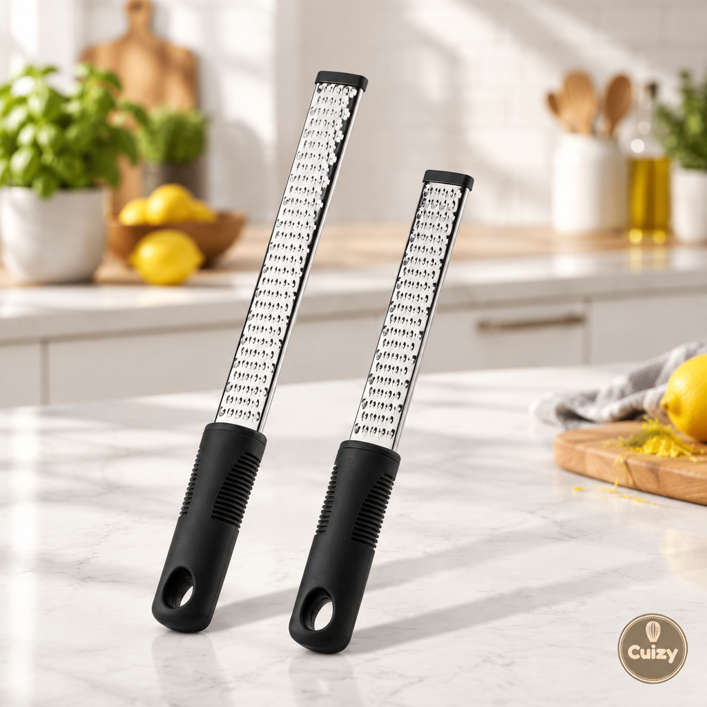 Zesteur d'agrumes en inox Cuizy Zest sur plan de travail