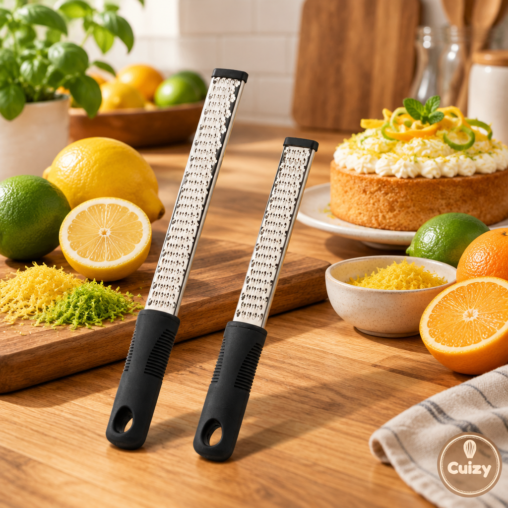 Zesteur avec citrons, citrons verts et oranges dans une cuisine