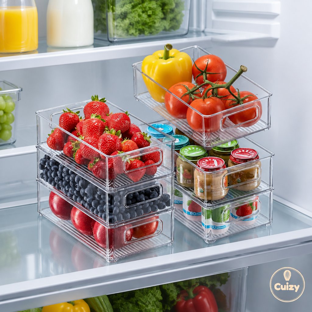 Bac de rangement avec fruits et yaourts sur une étagère de frigo
