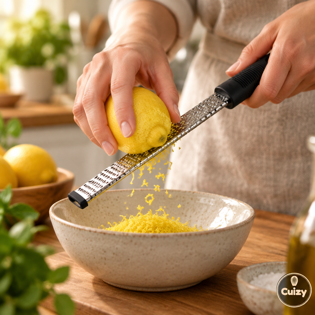 Zesteur utilisé pour zester un citron au-dessus d'un bol