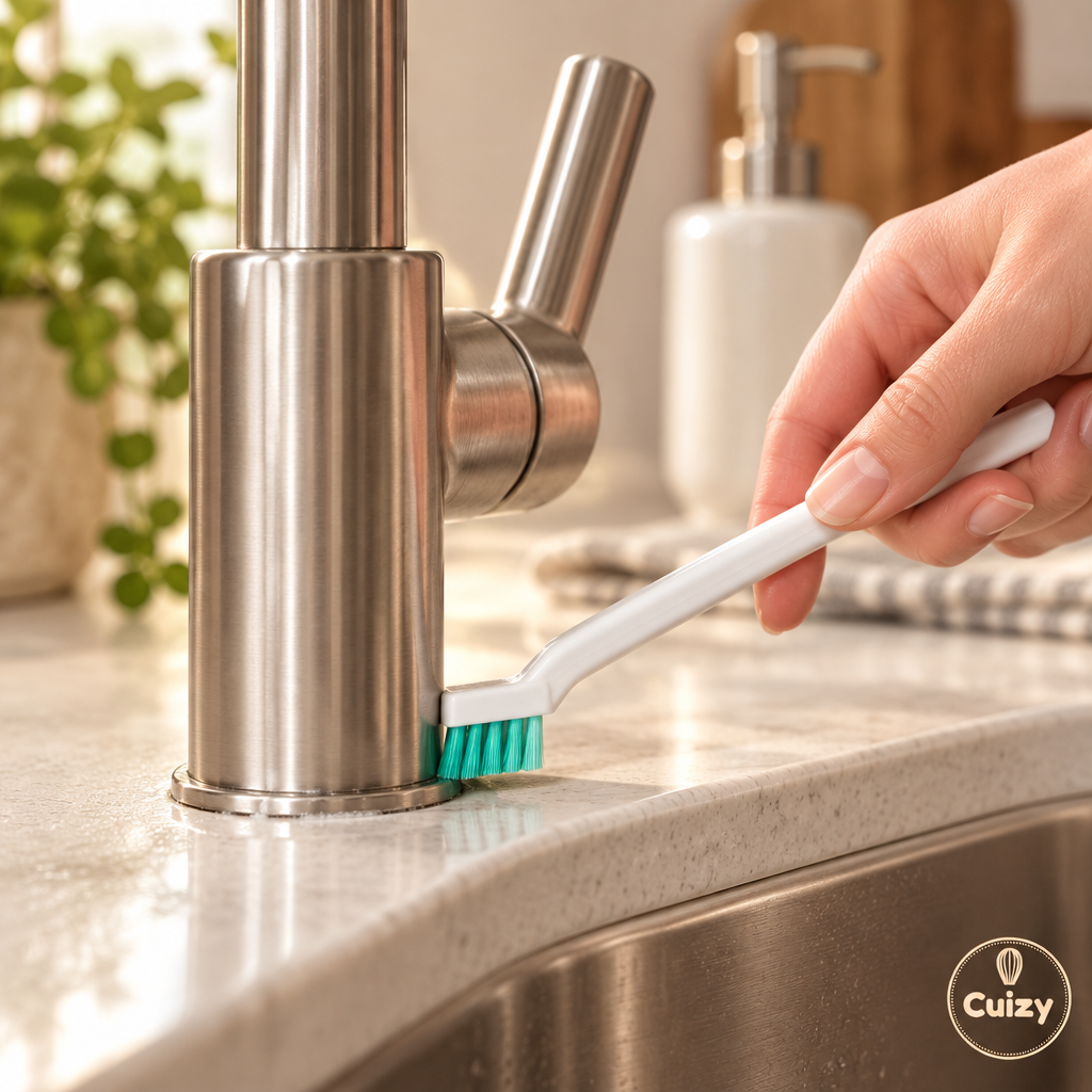 Brosse pour recoins utilisée pour nettoyer autour d'un robinet
