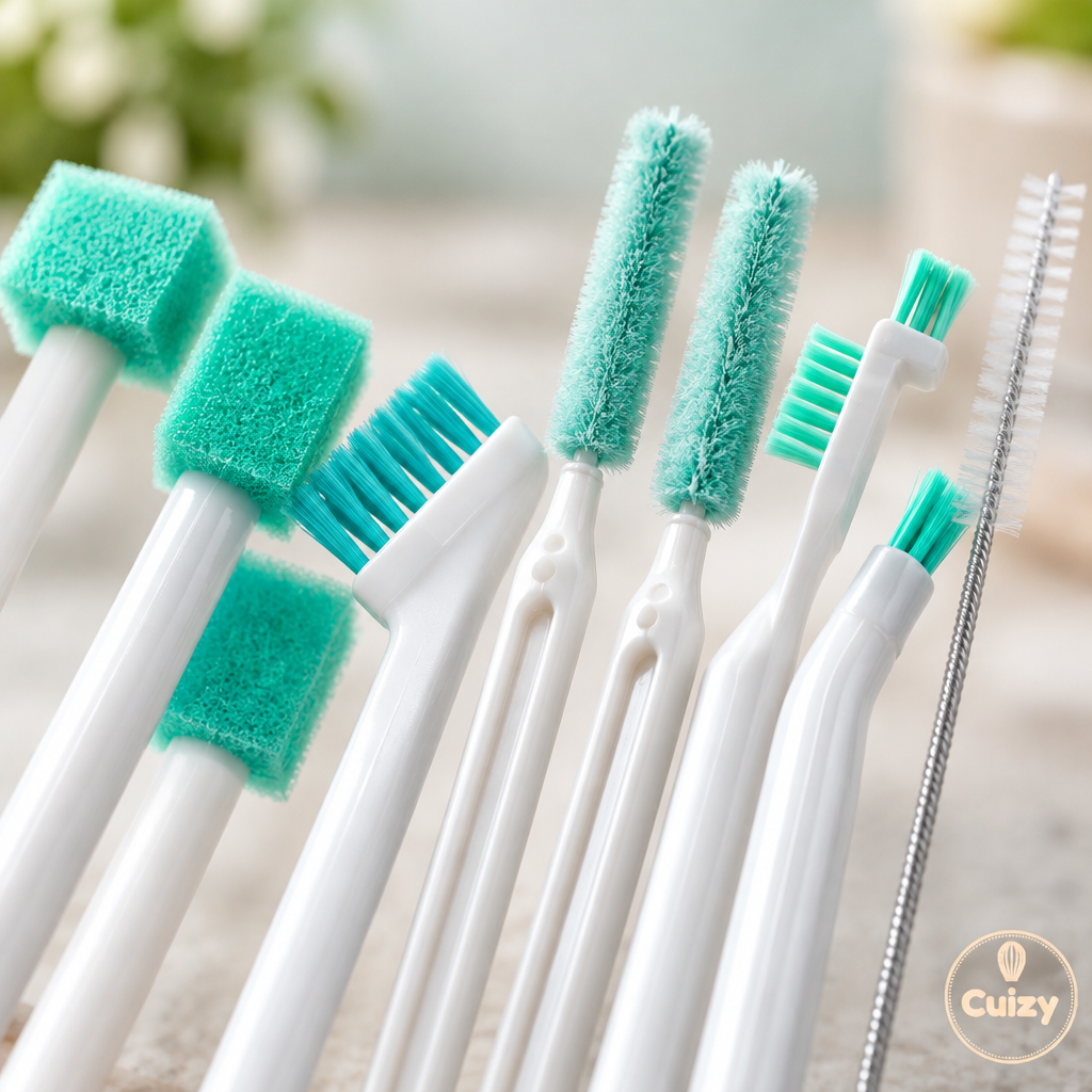 Gros plan sur les poils et les manches des brosses de nettoyage
