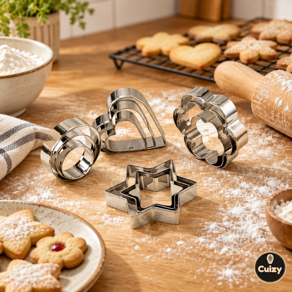 Emporte-pièces avec biscuits fraîchement cuits et rouleau à pâtisserie
