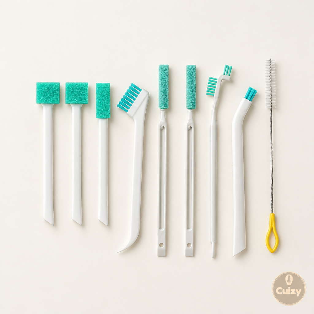 Vue du dessus des 9 brosses de nettoyage rangées