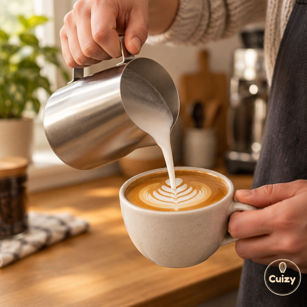 Pichet à lait utilisé pour verser du lait dans un café avec latte art