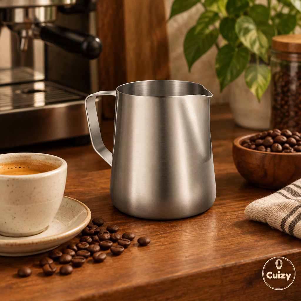 Pichet à lait dans un coin café avec tasse d'espresso et grains