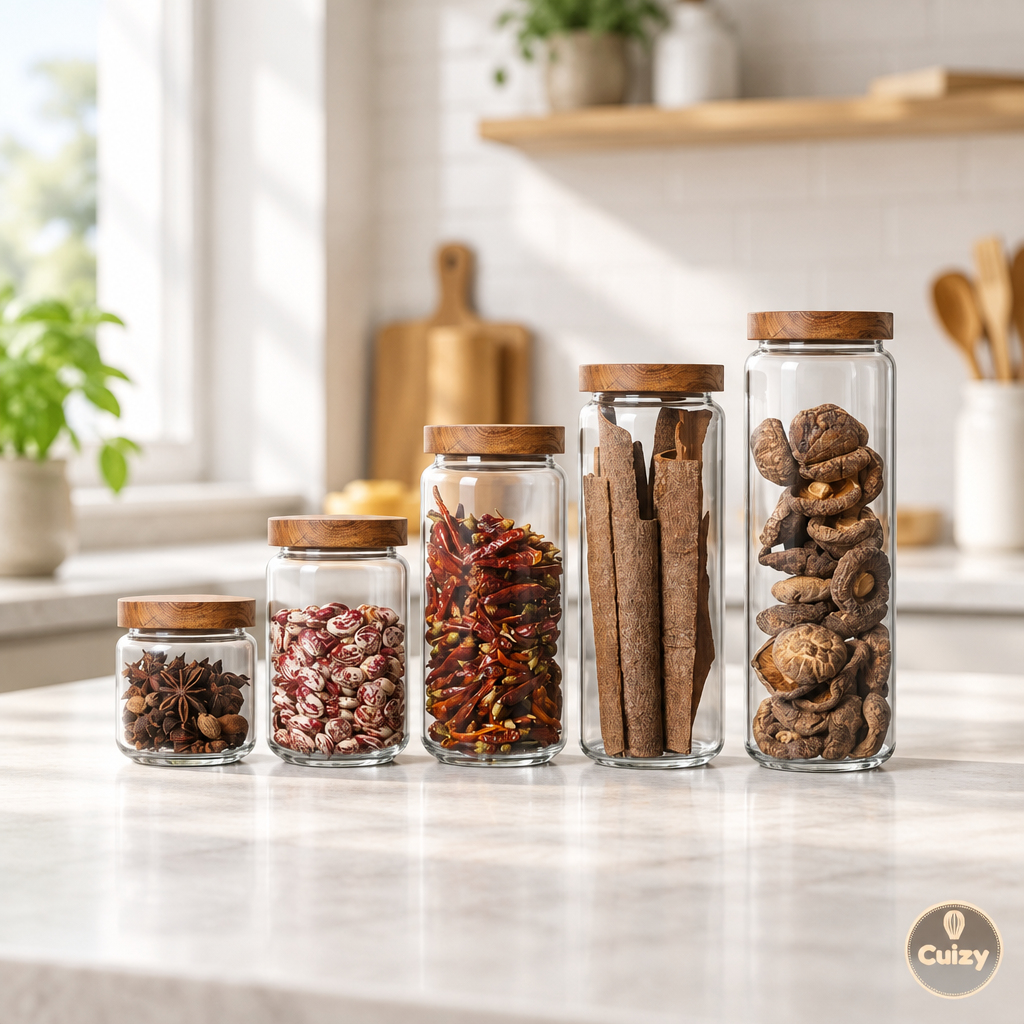 Bocal en verre avec couvercle en bois Cuizy Jar sur plan de travail