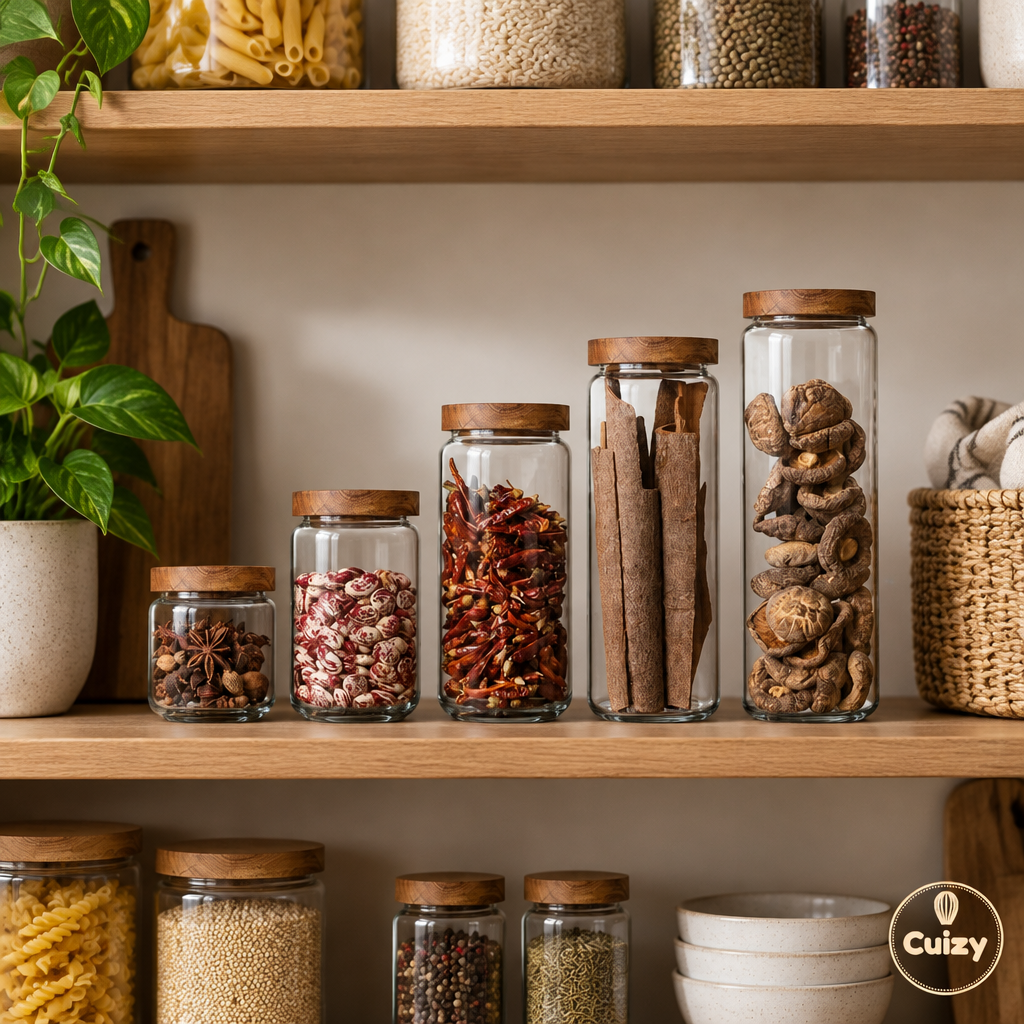 Bocal en verre sur une étagère de garde-manger avec pâtes, riz et épices