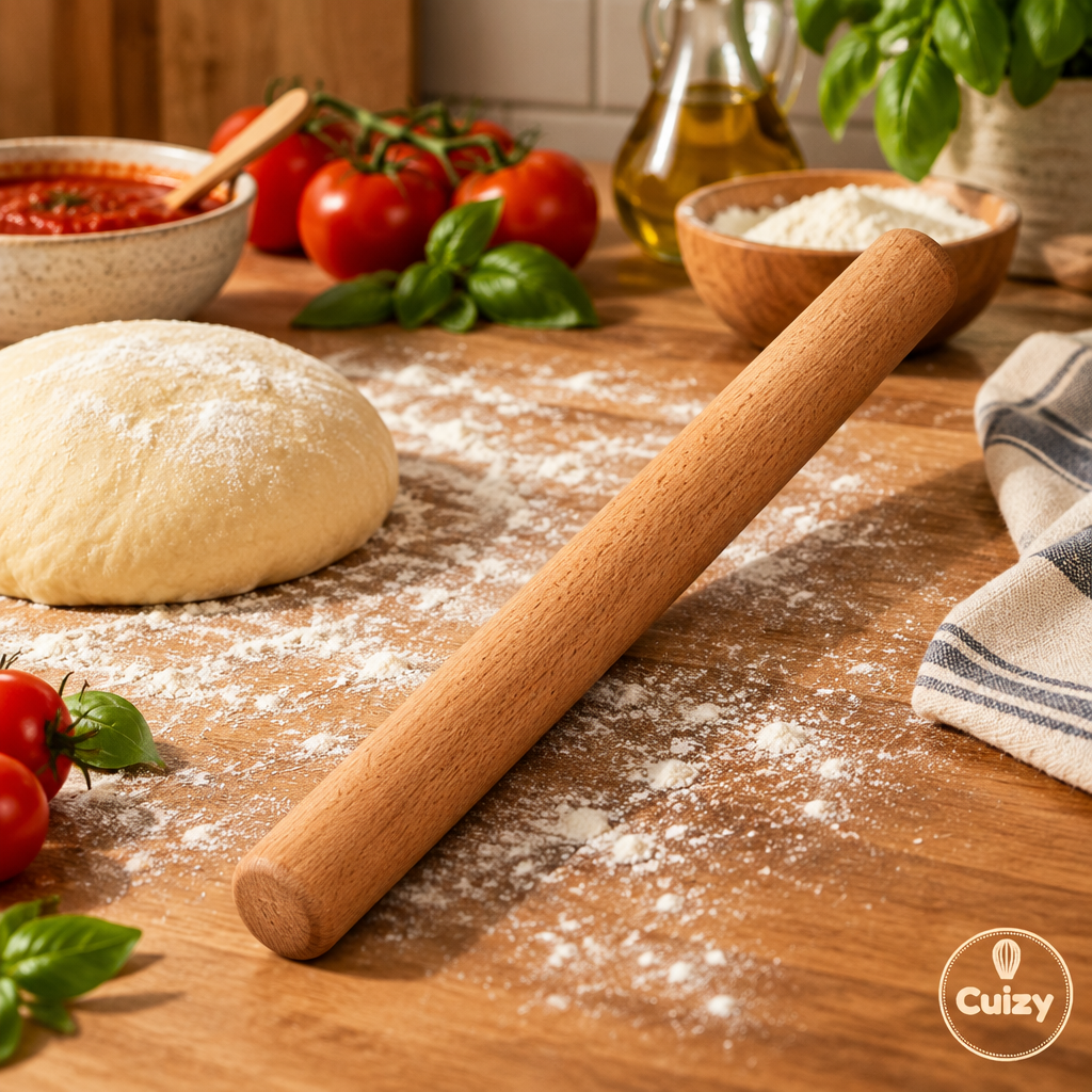 Rouleau à pâtisserie avec pâte à pizza, farine et tomates