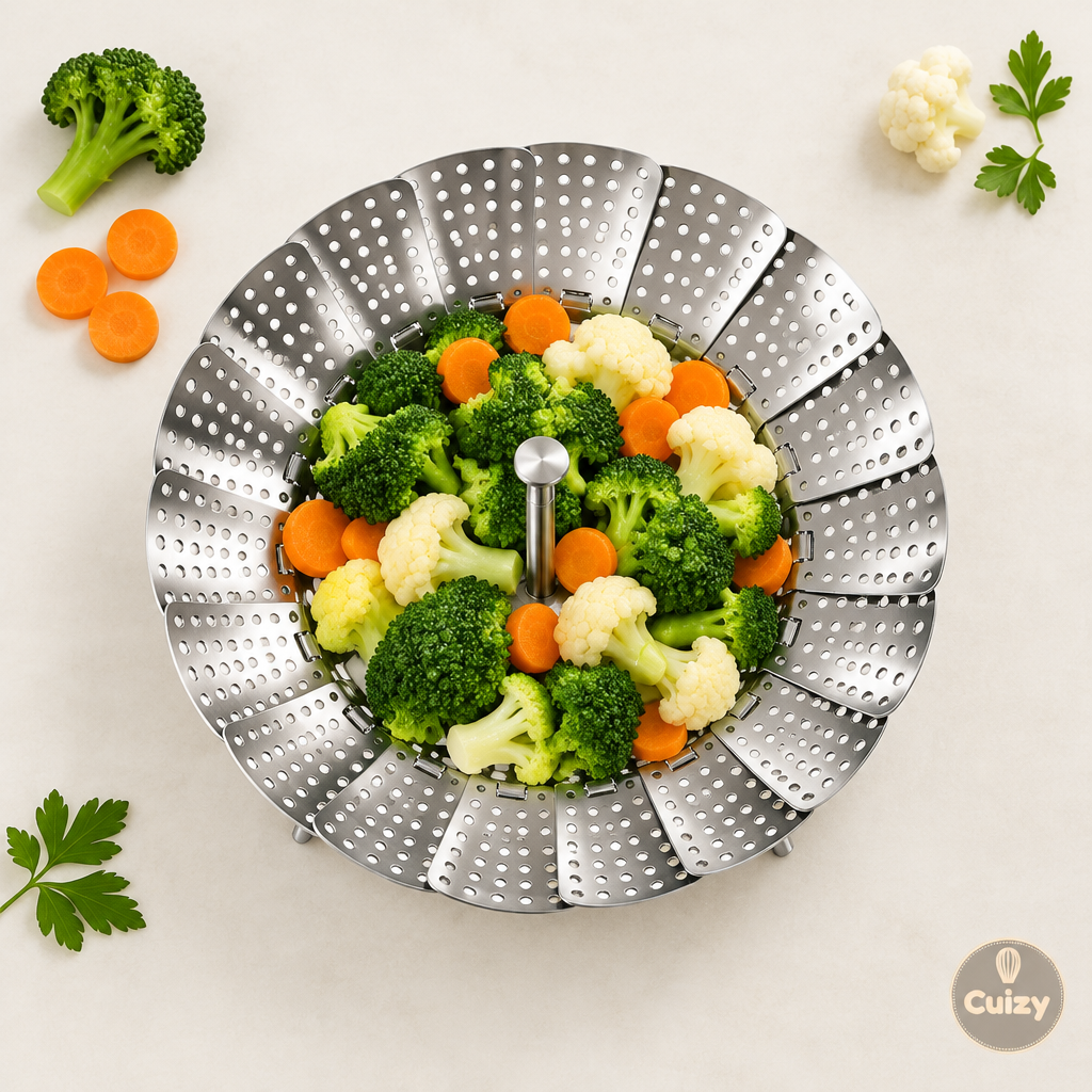 Vue du dessus du panier vapeur déployé avec légumes