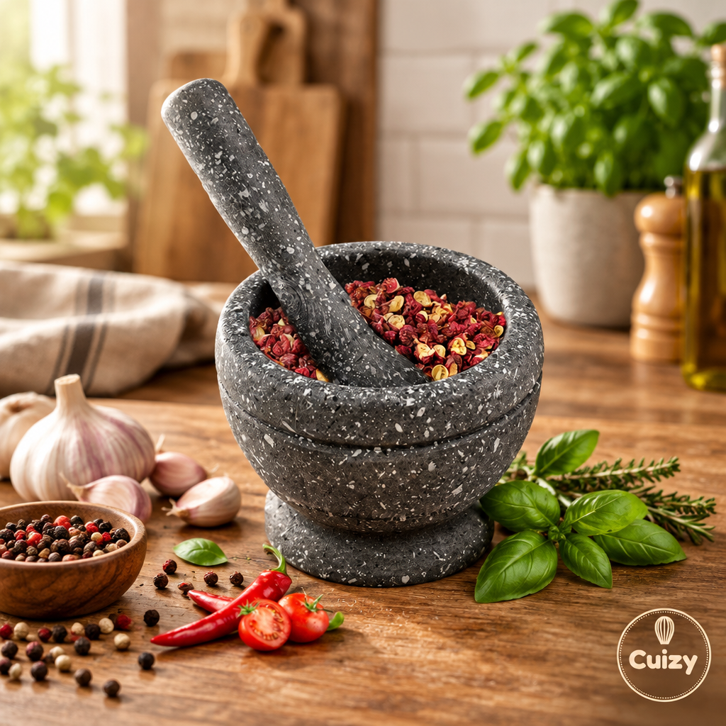 Mortier et pilon avec ail, poivre en grains et herbes fraîches