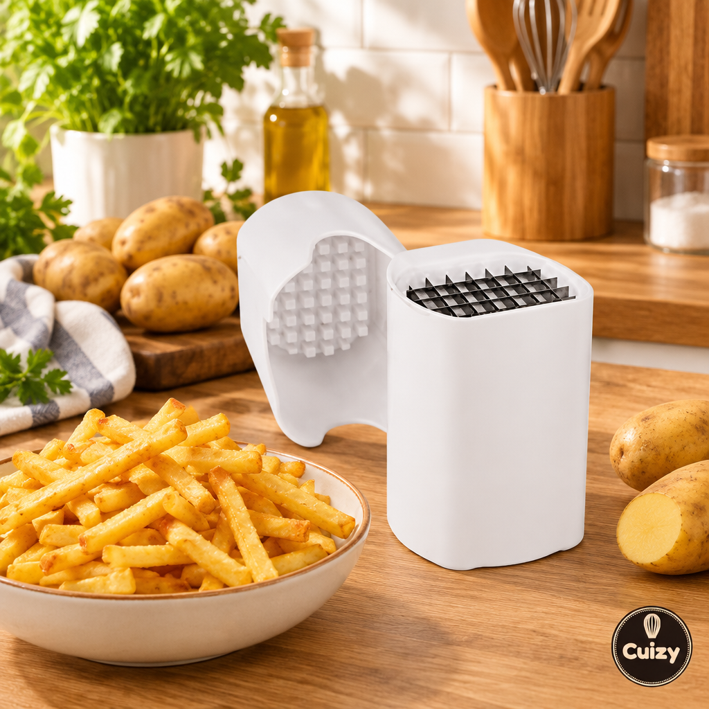 Coupe-frites avec pommes de terre et bol de frites dorées