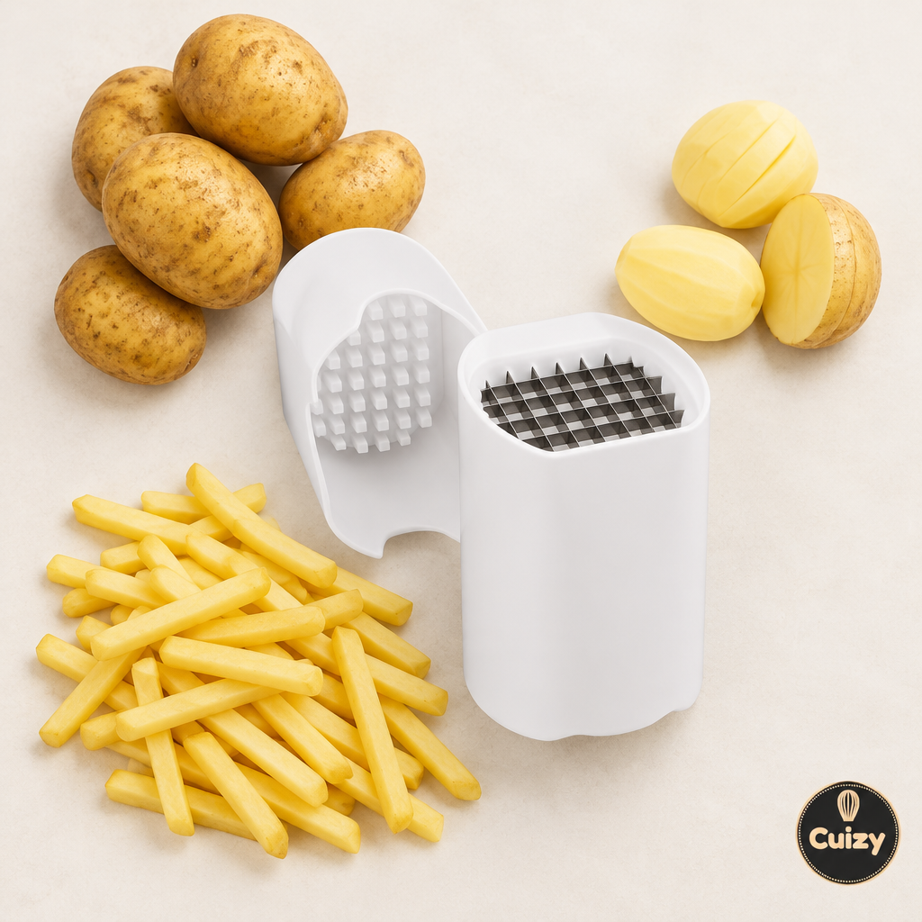 Vue du dessus du coupe-frites avec pommes de terre et frites