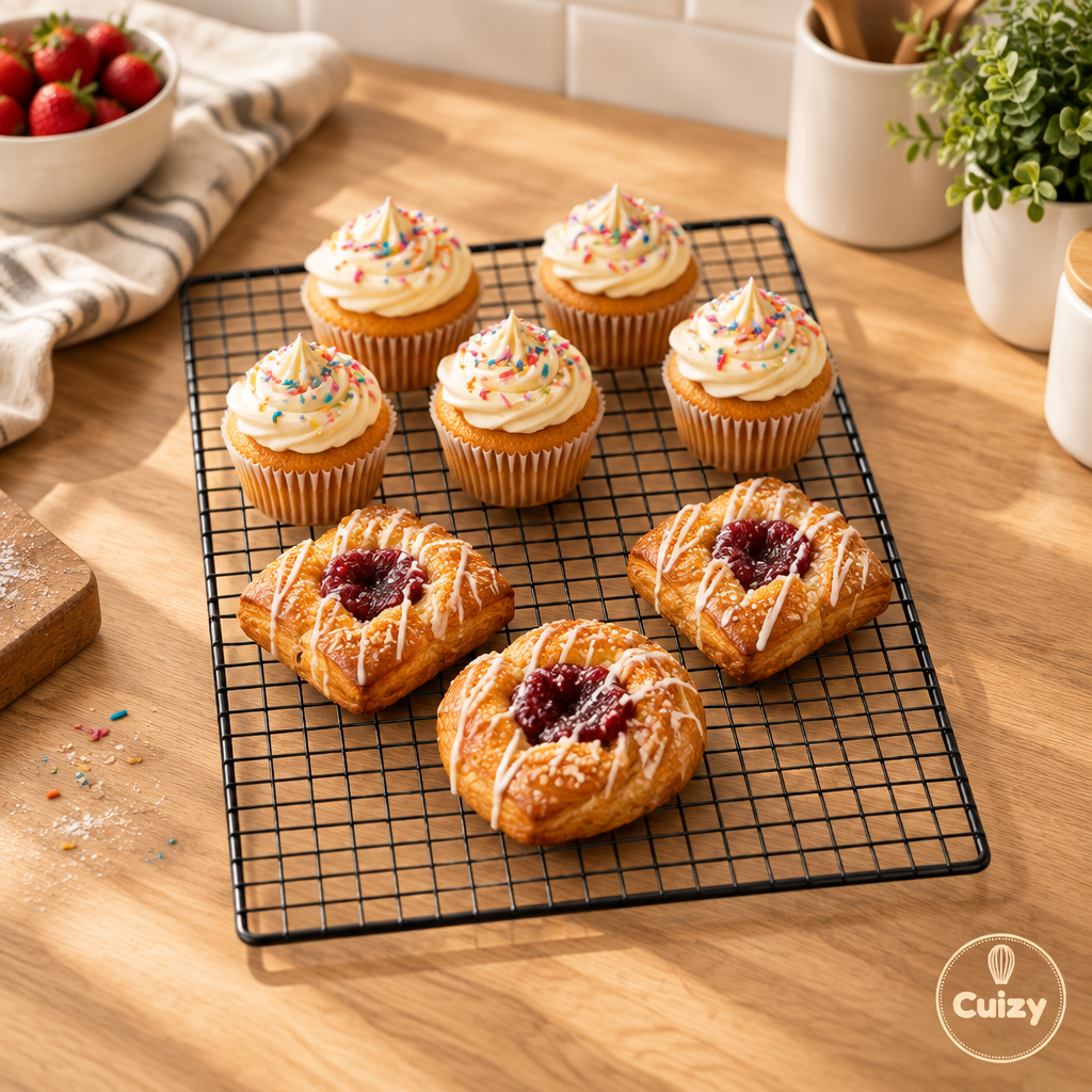 Grille de refroidissement avec cupcakes et viennoiseries