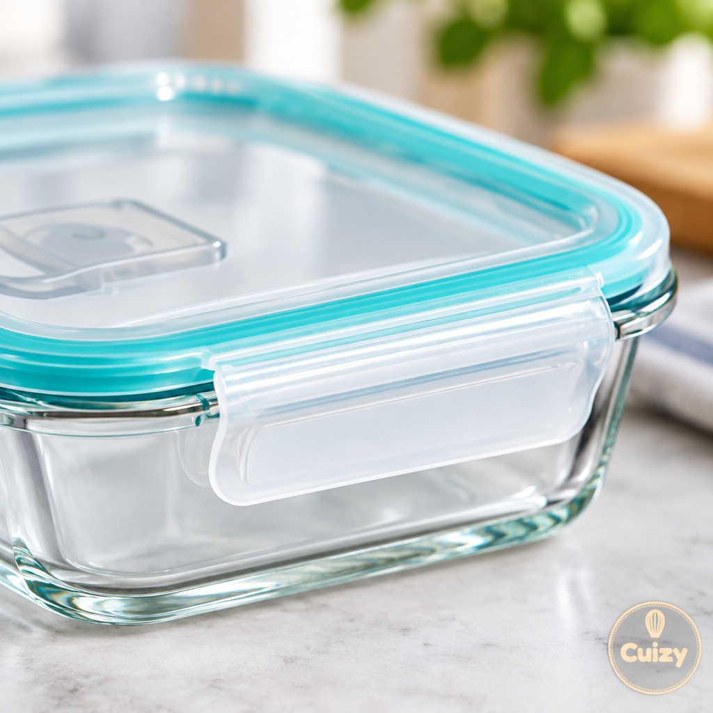 Gros plan sur le verre et le couvercle à clips de la boîte repas