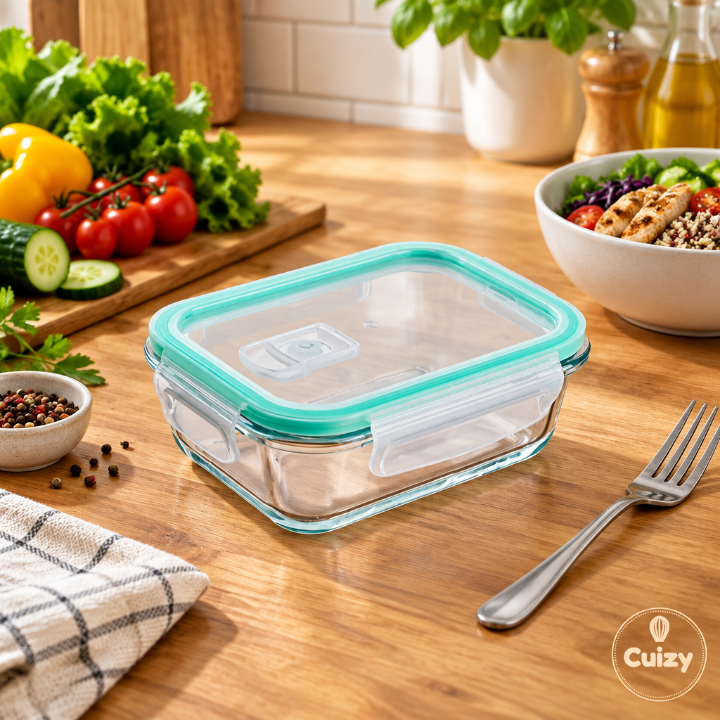 Boîte repas en verre avec ingrédients de meal prep et fourchette