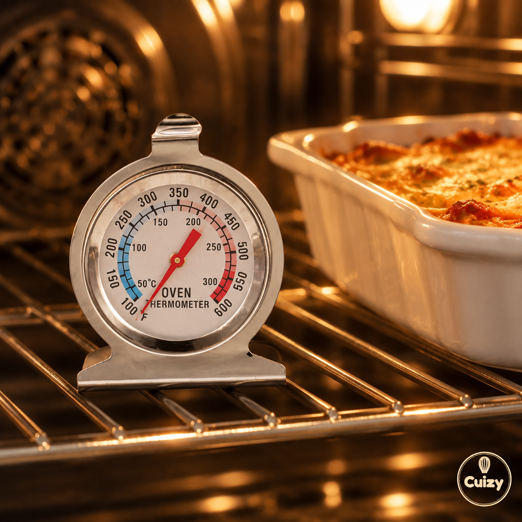 Thermomètre posé sur la grille d'un four à côté d'un plat
